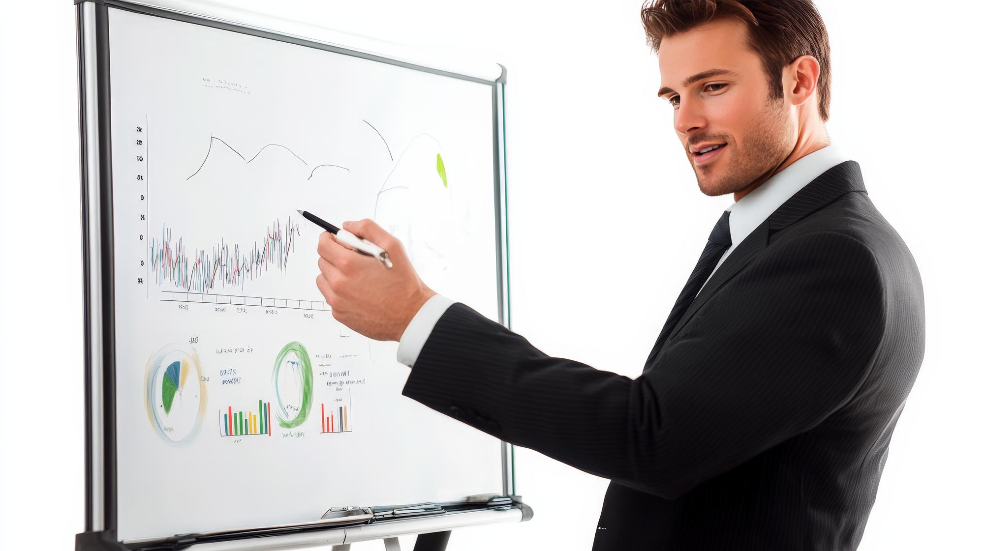 Coach erklärt Finanzdiagramm an Whiteboard